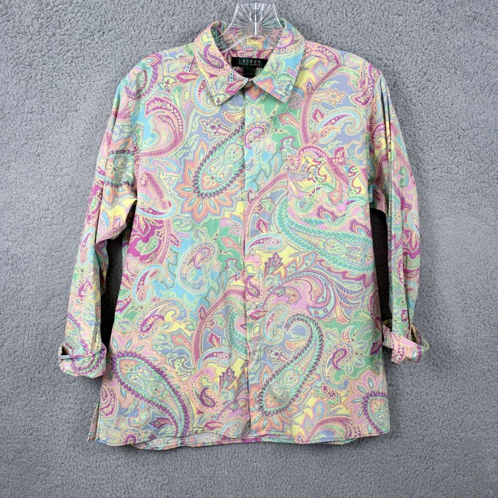 Lauren Ralph Lauren Women's Pink Paisley Roll Tab Top Button Up Shirt Size S